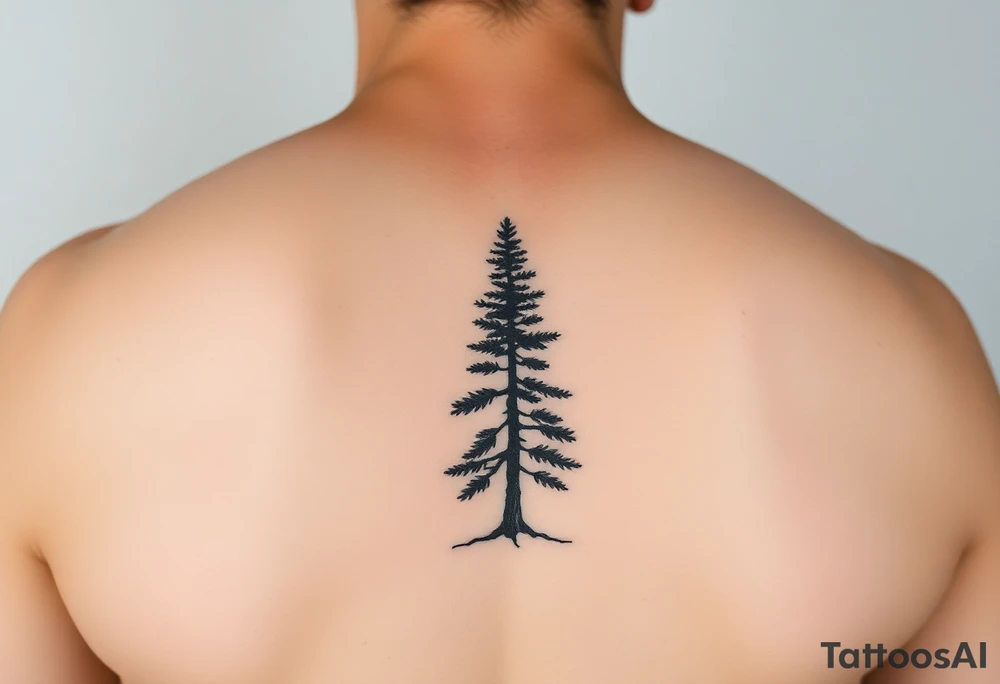 a minimalist tattoo of a douglas fir tree, combined with a band around the left forearm which connects at the bottom of the trunk of the tree tattoo idea