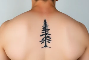 a minimalist tattoo of a douglas fir tree, combined with a band around the left forearm which connects at the bottom of the trunk of the tree tattoo idea