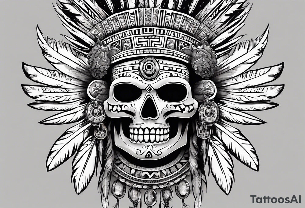 aztec god of death Mictlantecuhtli with long feathers around his head and skull as a head tattoo idea