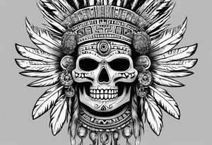 aztec god of death Mictlantecuhtli with long feathers around his head and skull as a head tattoo idea