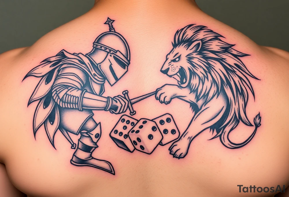 Knight and lion fighting rolling dice tattoo idea