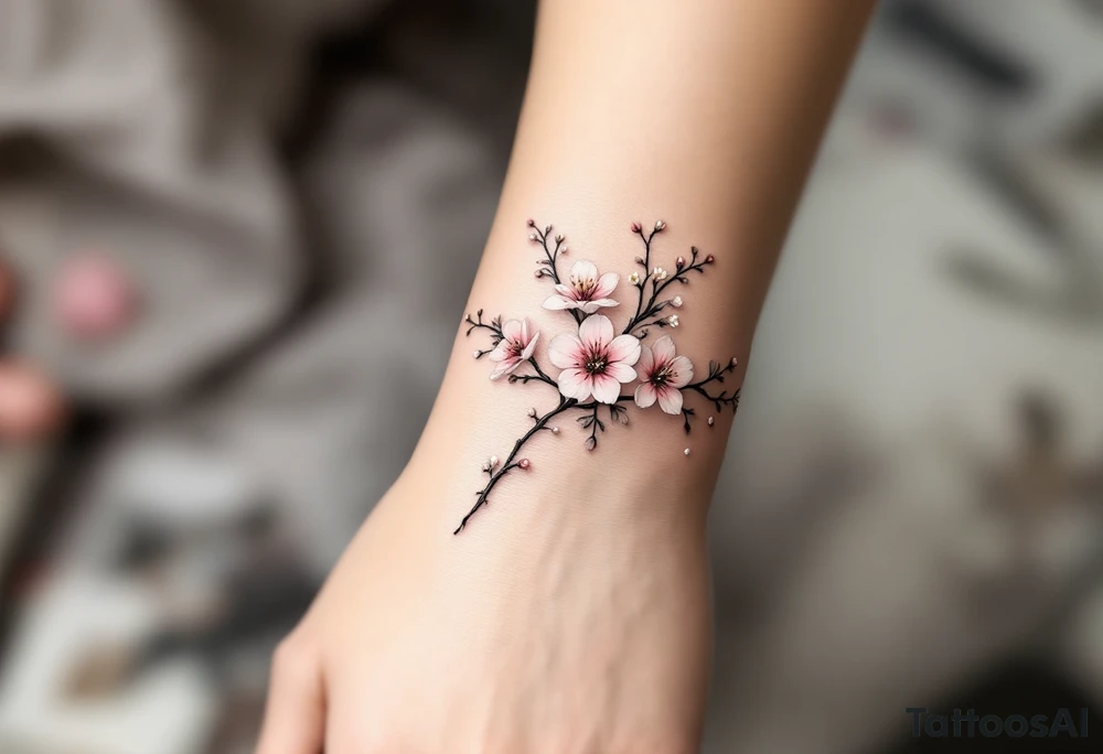 Cherry Blossom Wrist Wrap – A vine-like tattoo wrapping around the wrist like a bracelet, with tiny blossoms in light pink, dusty rose, and soft white. tattoo idea