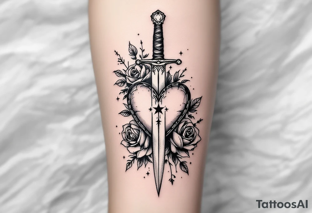 dagger piercing a heart with roses tattoo idea