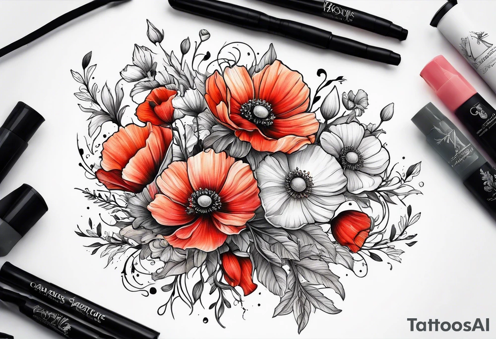 Cosmos's and  Poppy’s Bouquet tattoo idea