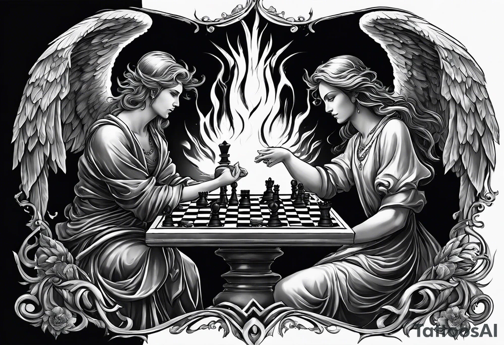 Depict an angel and demon playing chess on a board that morphs from celestial clouds to fiery inferno, representing the merging of the spiritual realms in the eternal game. tattoo idea