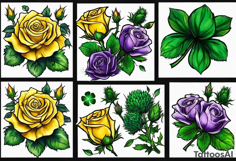 Yellow rose, purple thistle, and green shamrock with lettering KND tattoo idea
