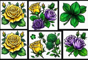 Yellow rose, purple thistle, and green shamrock with lettering KND tattoo idea