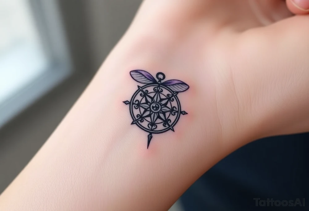 A single Violet with detailed compass at its center representing feminine power and an ankh or Celtic knot tattoo idea