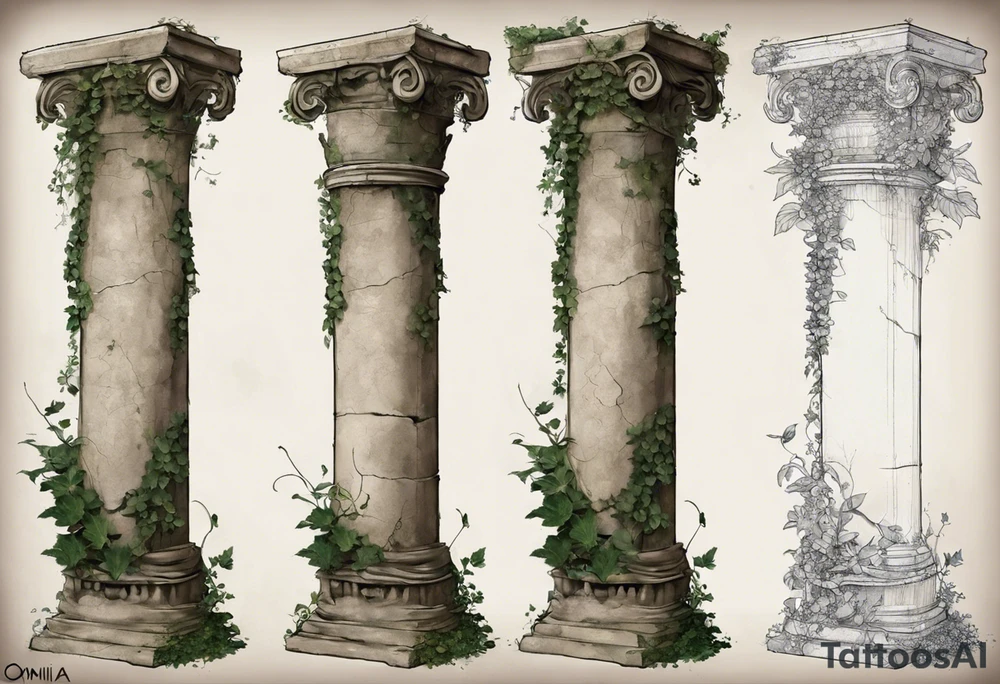 I want an ancient Roman pillar, with apparent cracks on it and a little bit of overgrown plants such as, but not limited to, ivy. The top part of the pillar has fallen off and is found to the right of the pillar. The top part shows that it is an Ionian pillar and has the word "OMNIA" written on it. The tattoo has some shading as the pillar is turned very slightly, about 10 degrees, to the right. The top part of the pillar must have fallen off, and is slightly crumbled. tattoo idea