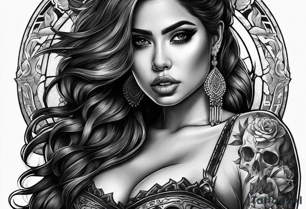 Chicano girl , skull , gun tattoo idea