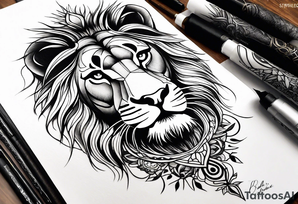 Lion eyes tattoo for forearm with a small family aspect of it, a symbol for sikhism and thorns tattoo idea