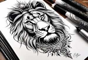 Lion eyes tattoo for forearm with a small family aspect of it, a symbol for sikhism and thorns tattoo idea