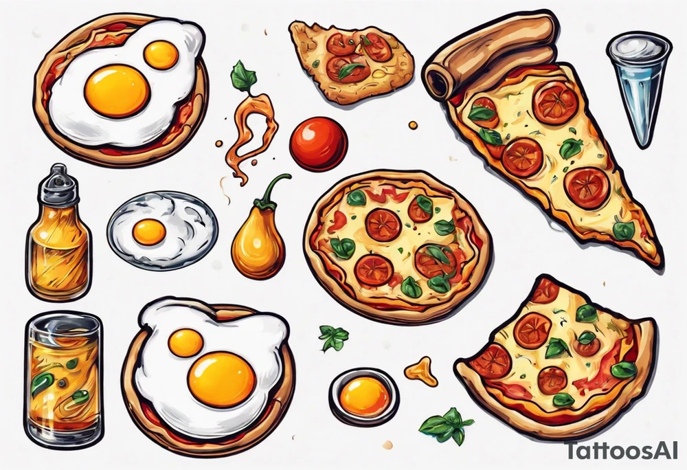 Pair fried eggs tattoo, where for the girl a small slice like a pizza triangular and for the guy the rest of the fried eggs tattoo idea