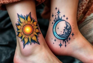 A golden sun and silver moon on each of partner ankle represent balance and eternal connection. tattoo idea
