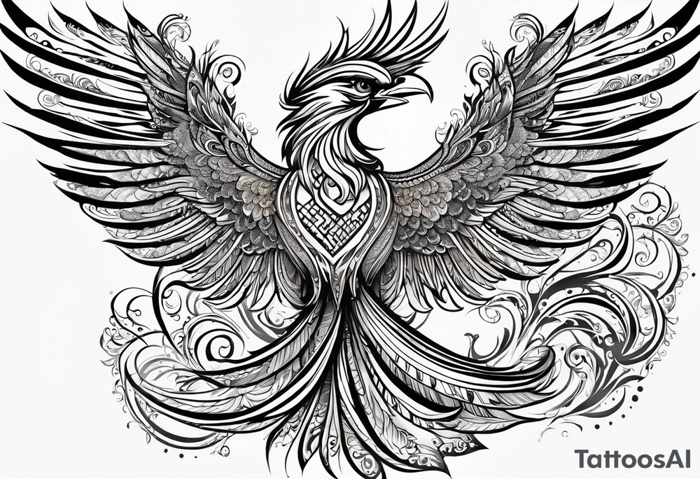 russian firebird phoenix in-flight with very long fancy tail with Yarilo symbol tattoo idea