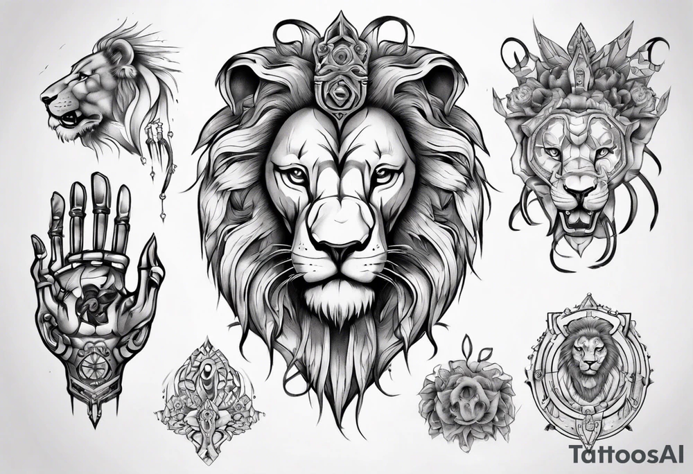lion holding a khamssa hand with paw tattoo idea