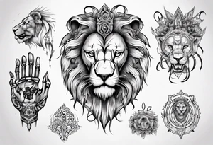 lion holding a khamssa hand with paw tattoo idea