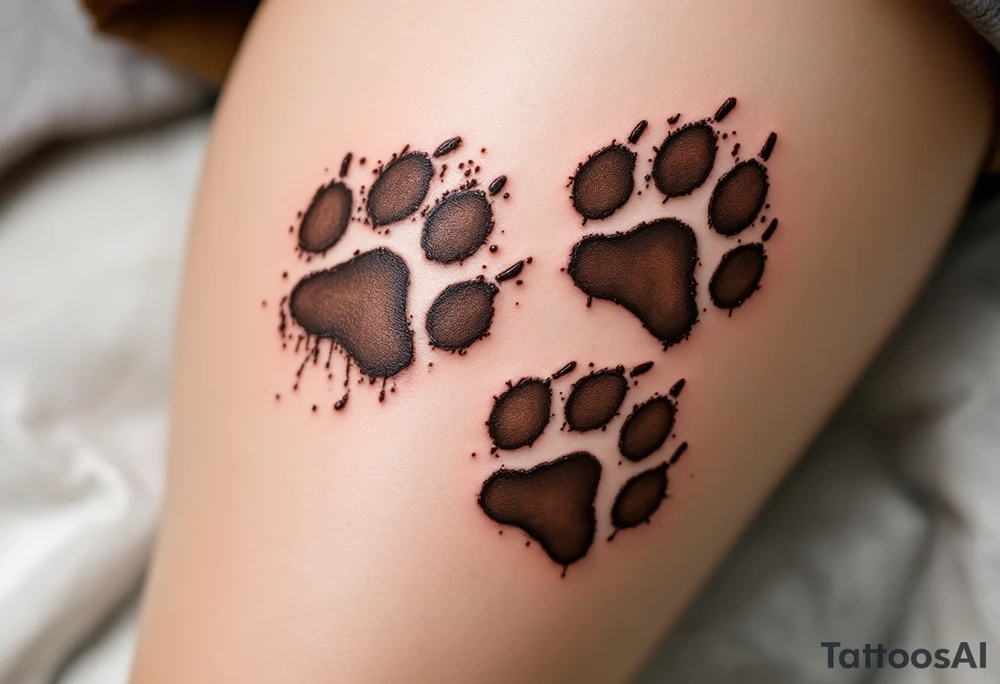 Realistic Muddy Paw Prints – Highly detailed paw marks in earthy brown tones, as if freshly stepped in mud, stamped across the skin with realism. tattoo idea