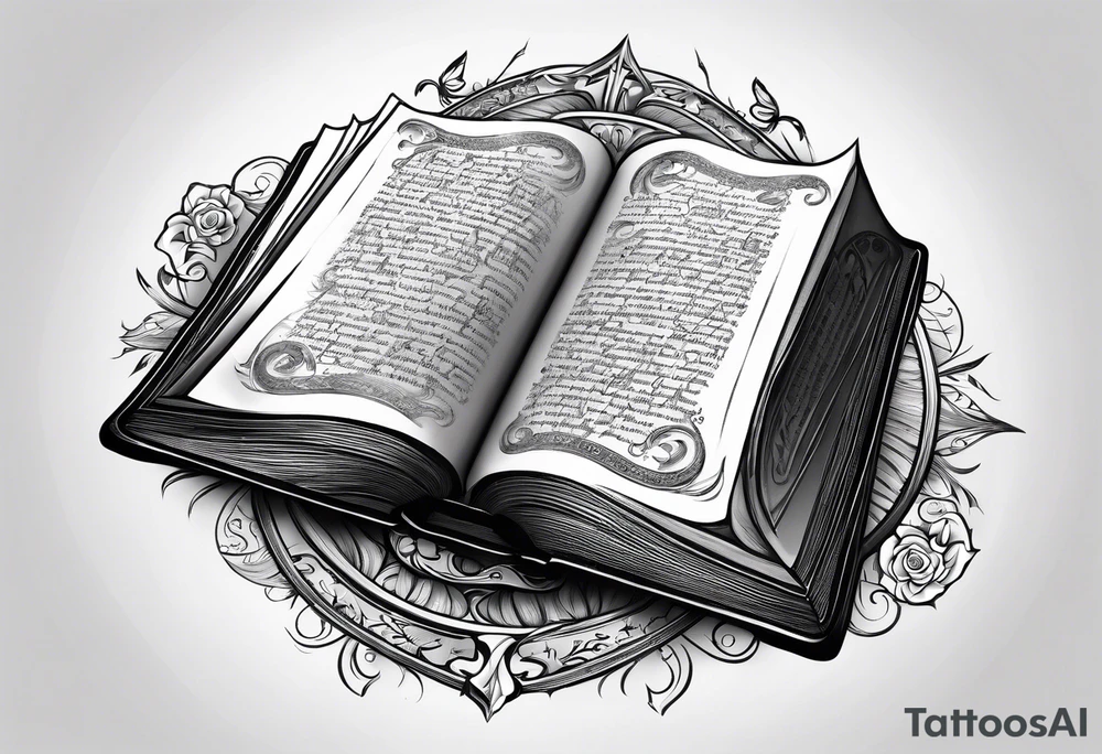 An open scroll with a Bible verse inside of it tattoo idea