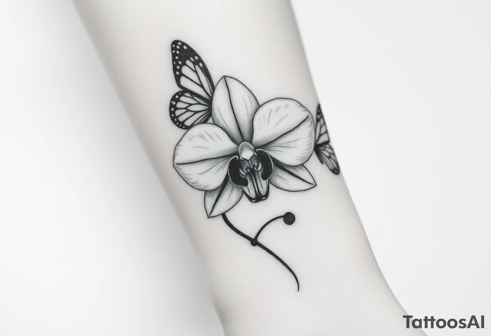 Orchid flower with two butterflies around it tattoo idea