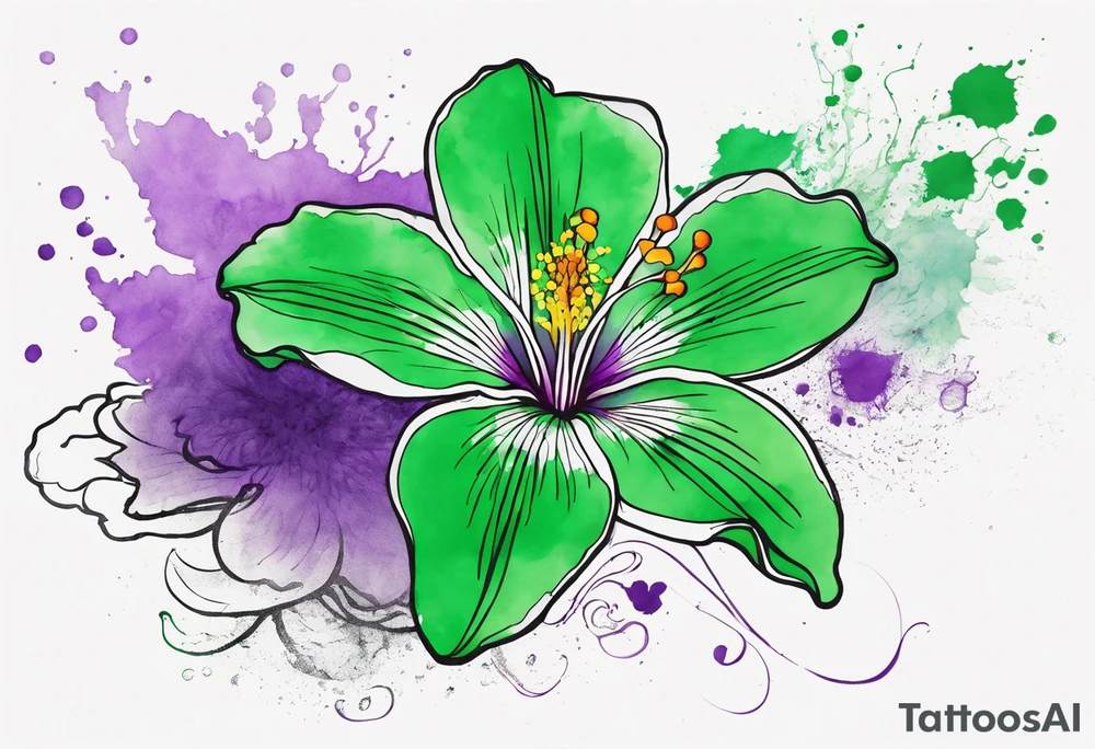 An outline of a green rio dipladenia flower and a green and purple watercolor splash in the background tattoo idea