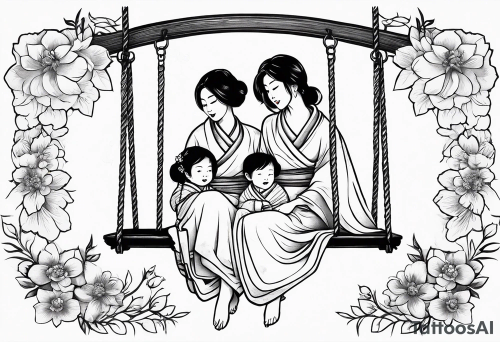Mom with son & daughter on swing with flowers tattoo idea