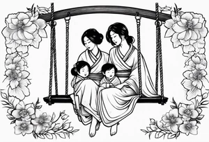 Mom with son & daughter on swing with flowers tattoo idea