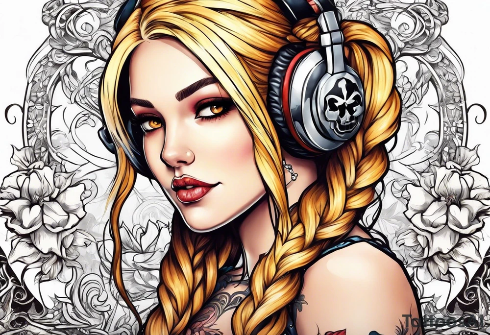 Skull and cross bones with blonde pigtails tattoo idea