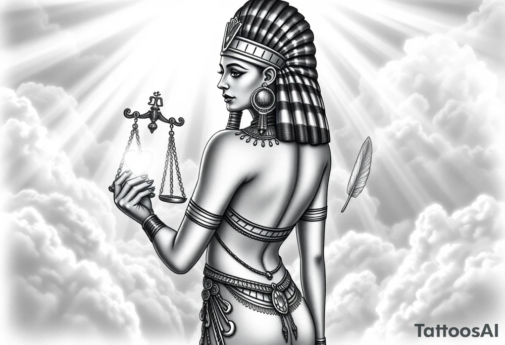 beautiful Egyptian goddess stands with her back slightly turned, accentuating her figure. She wears an elaborate ostrich feather headdress and ornate, intricate ancient Egyptian jewelry draped across her body. Her expression is mysterious and confident. In one hand, she holds the Scales of Justice: one side holds a radiant, glowing heart; the other, Ma’at’s feather. The scales themselves shimmer with an otherworldly light.
The background is a surreal, heavenly landscape filled with luminous clouds and beams of divine light piercing through, creating dramatic contrasts of deep shadows and highlights. The entire scene is bathed in an ethereal, mystical glow, with a dreamlike, almost supernatural atmosphere. tattoo idea