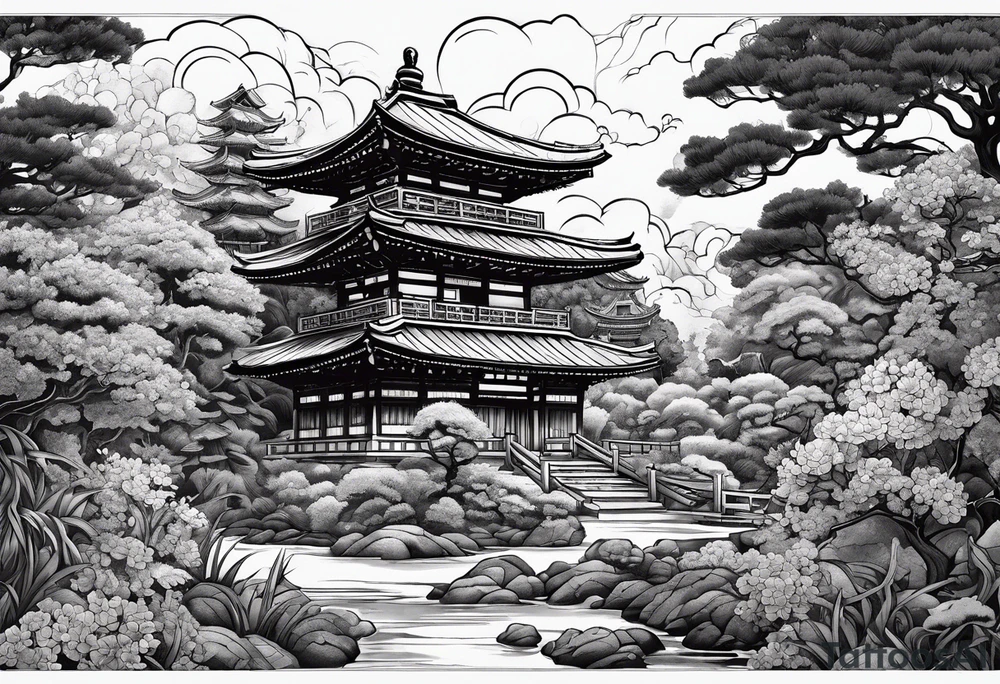 Japanese's Art style of a garden with M3LO in it and  Swords and blood and a Oni mask tattoo idea