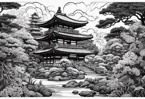 Japanese's Art style of a garden with M3LO in it and  Swords and blood and a Oni mask tattoo idea