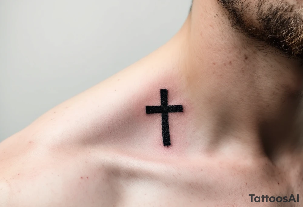 A black ink cross under a man's left eye, detailed with shadows on man face under a man’s right eye. tattoo idea