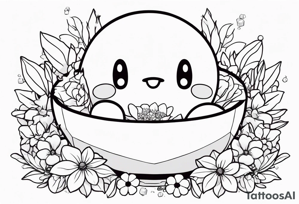 kirby in a bed of flowers holding a crystal above tattoo idea