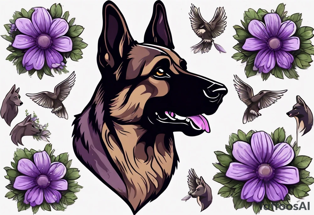 Dark Brown female German shepherd portrait surrounded by purple daisies tattoo idea