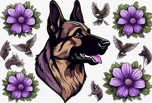 Dark Brown female German shepherd portrait surrounded by purple daisies tattoo idea