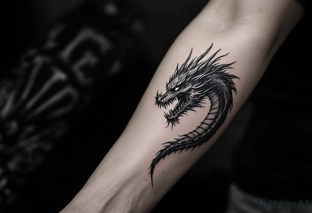 scary big dragon hissing with long tail tattoo idea