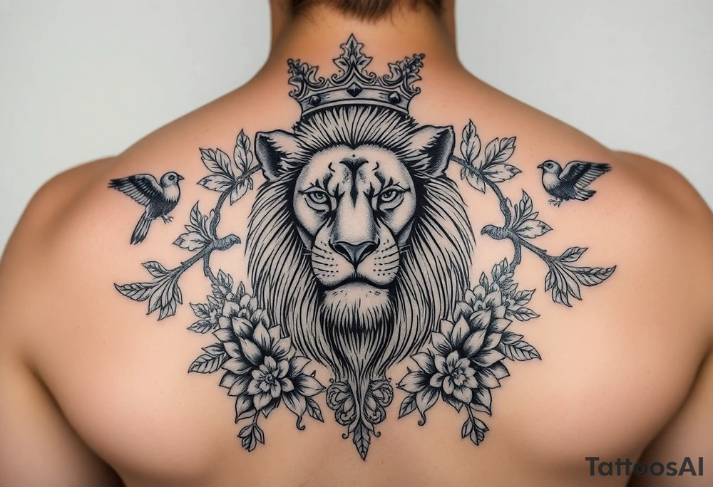 powerful majestic lion with a crown, surrounded by floral ornaments and birds tattoo idea