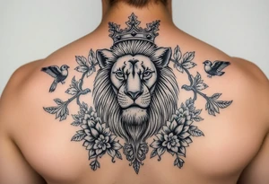 powerful majestic lion with a crown, surrounded by floral ornaments and birds tattoo idea