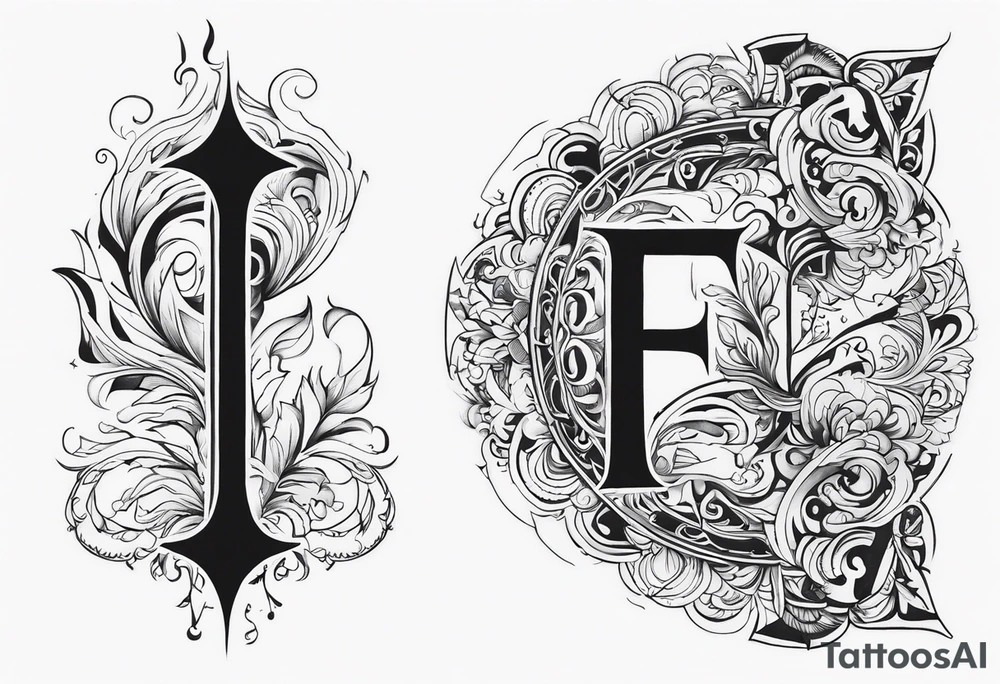 A backwards capital F next to a capital P with design elements around it. The left side should have elements of fire. The right side should have something that is fireproof or the opposite of fire. tattoo idea