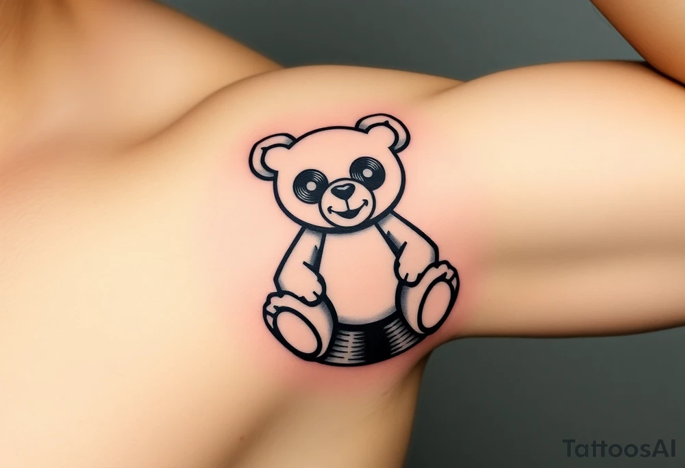 minimalist teddy bear with vinyl records as eyes smiling and sitting on a record yer tattoo idea