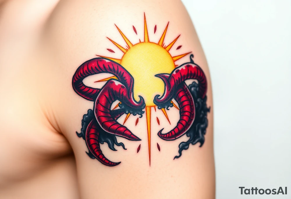 A shining golden halo, surrounded by light and rays of peace, clashing with red, twisted horns curling from the opposite side, dark and menacing, with smoke and shadows, symbolizing a battle between holiness and temptation. tattoo idea