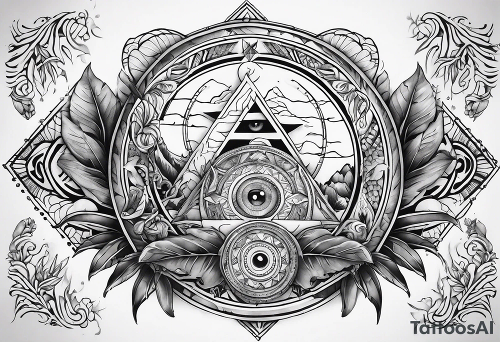 arm sleeve tattoo with Viking compas and all-seeing eye with jungle plants tattoo idea