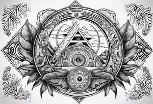 arm sleeve tattoo with Viking compas and all-seeing eye with jungle plants tattoo idea
