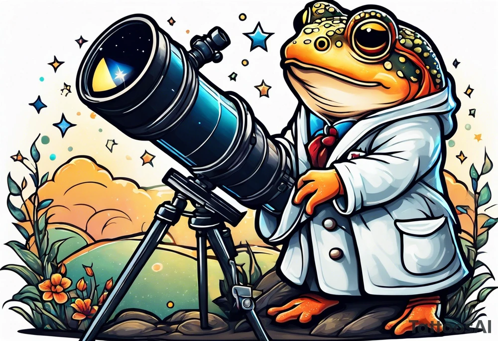 Small toad in a lab coat looking up at the stars through a telescope tattoo idea