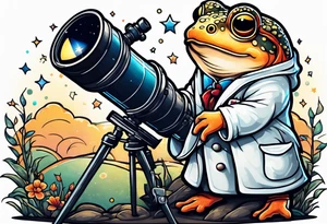 Small toad in a lab coat looking up at the stars through a telescope tattoo idea