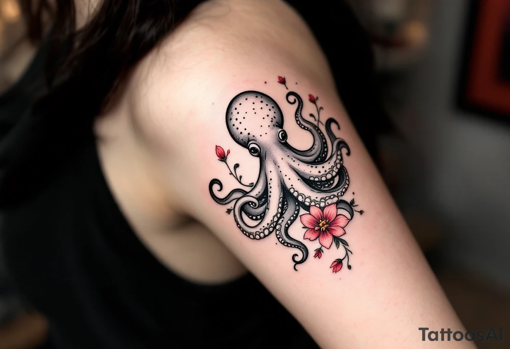 A small realistic black and grey tattoo of an octopus, cute, with detailed shading and soft linework, showing the octopus with swirling tentacles, on light skin. ornamental flowers around with red ink. The style is minimalistic and elegant, resembling fine-line tattoo with a shadow tattoo idea