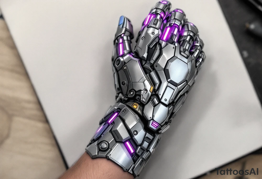 A cleanly layered mechanical arm in polished titanium with holographic light accents in magenta. tattoo idea