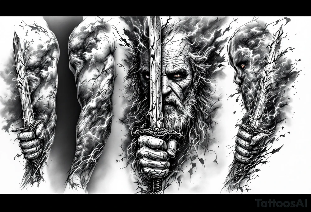A black and grey tattoo sleeve with elements of stoicism and internal struggle. A weathered face, split in half, one side strong and confident, the other side cracked and fading into mist, symbolizing the silent battles fought within. A hand grips a sword with a worn, chipped blade, showing the scars of battle but still sharp. Behind the figure, a storm rages, with a single beam of light piercing through. Hidden within the shadows, faint words like “Memento Mori” and “Still Here” blend naturally into the design. The tattoo has a smooth gradient from dark at the wrist to light at the shoulder, creating a seamless flow of struggle to victory. tattoo idea