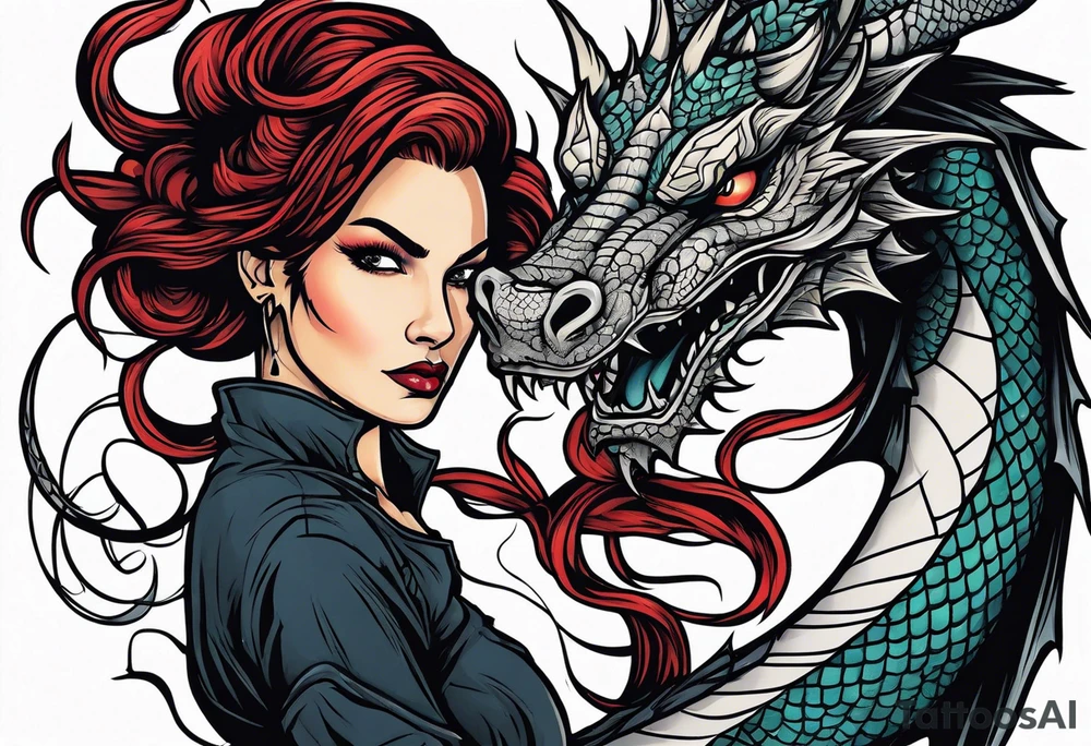 Naked woman fighting a dragon tattoo idea