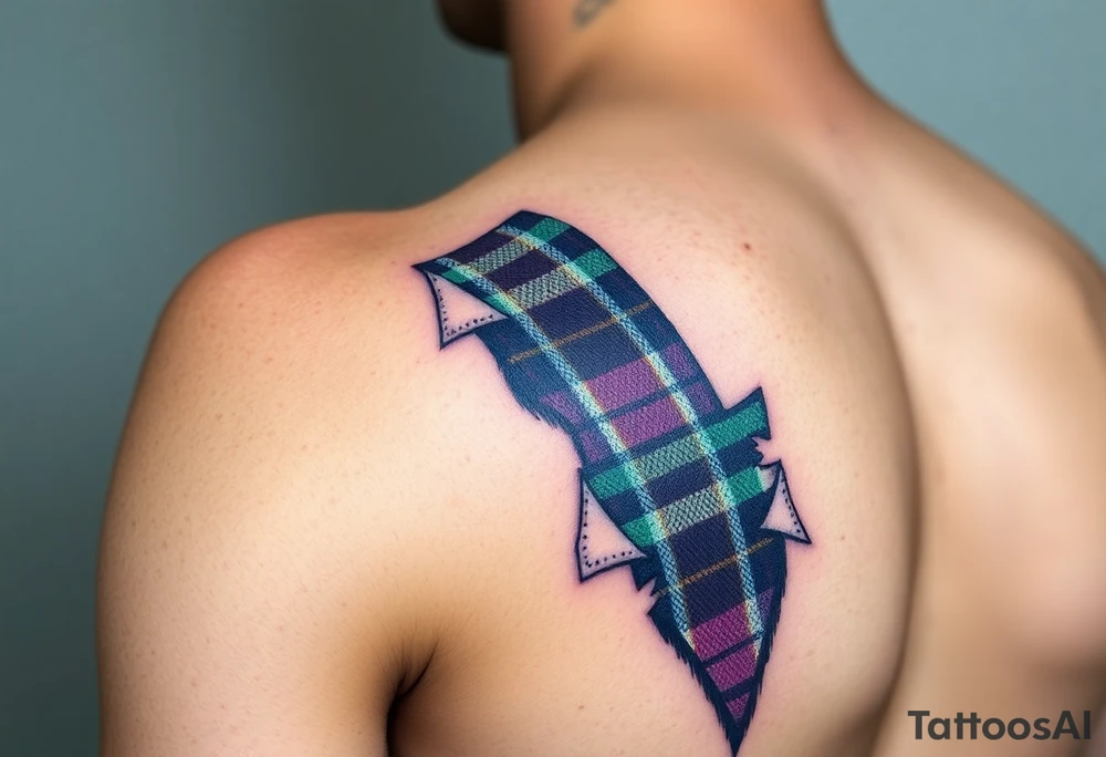 Side of arm Dark Purple with green pink blue and white highlights tartan fabric with skin peeling away at edges tattoo idea